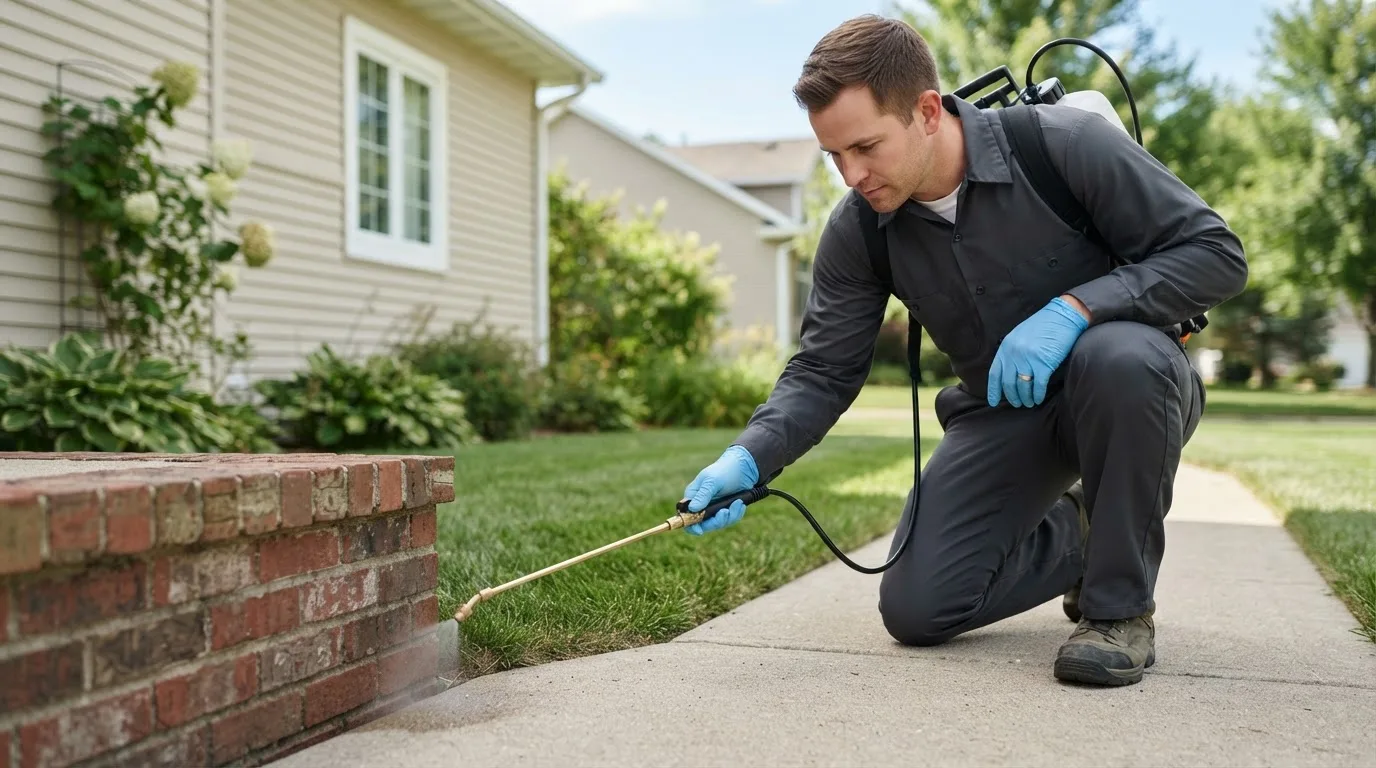 Pest control technician treating a home near West Salem, OH